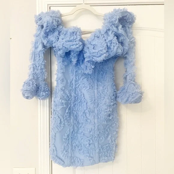 ASOS LUXE 3D Lace Ruffle Bardot Mini Dress in Blue - Picture 5 of 10